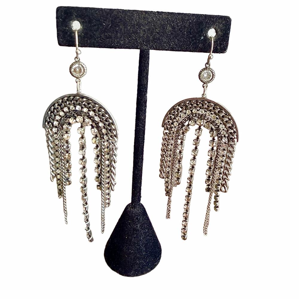Silver tone elegant rhinestone studded chandelier fringe dangle earrings